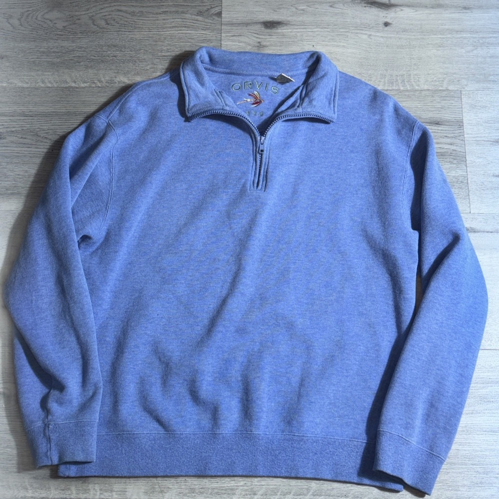 Orvis Sweater Mens Large‎ Blue 1/4 Zip 100% Cotton Pullover Casual Outdoor